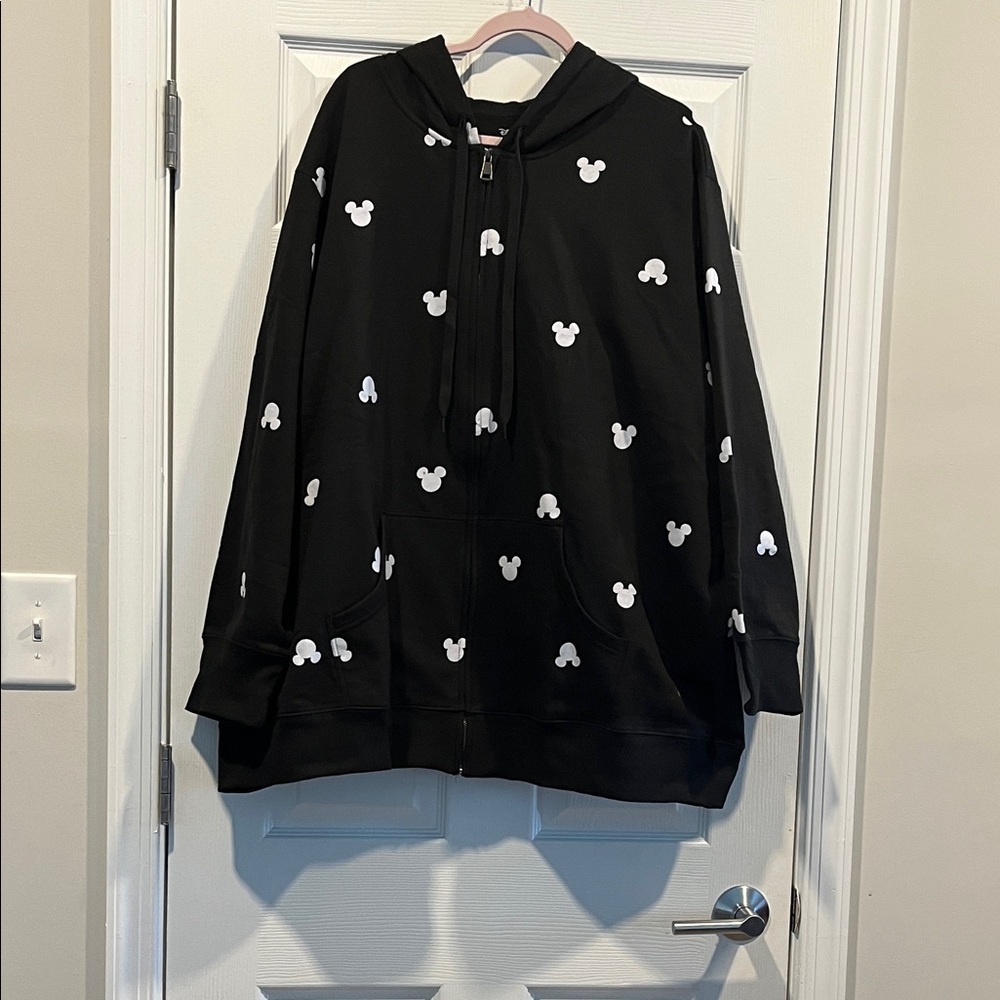 Disney Women’s Zip Up Black Hoodie with White Mickey‎ Mouse Pattern SZ 4X